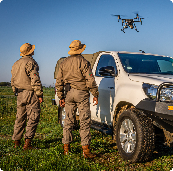 Drone providing aerial surveillance over a wildlife reserve